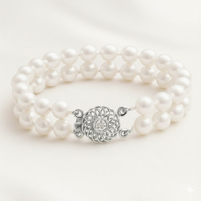 צמיד פנינים שתי שורות עם סוגר זהב יוקרתי קוטר כל פנינה 7.5 ממ