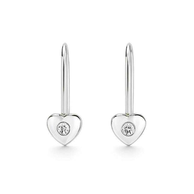 עגילי לב תלויים לילדות מזהב לבן עם זרקון