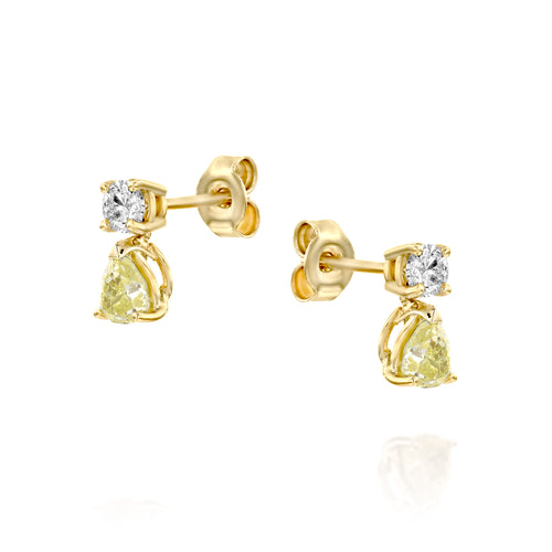 עגילי יהלומים טיפה נופלים לבנים וצהובים