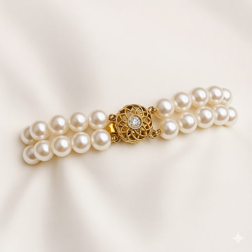 צמיד פנינים שתי שורות עם סוגר זהב יוקרתי קוטר כל פנינה 7.5 ממ