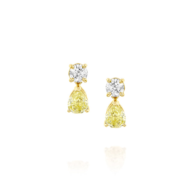 עגילי יהלומים טיפה נופלים לבנים וצהובים