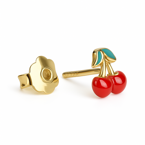 עגילי דובדבנים לילדות מזהב בעיצוב צבעוני