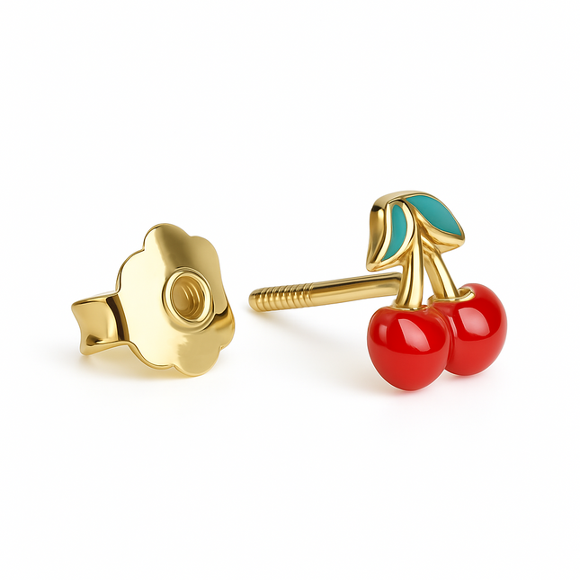 עגילי דובדבנים לילדות מזהב בעיצוב צבעוני