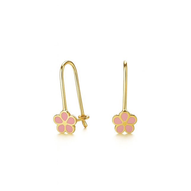 עגילי פרח תלויים לילדות מזהב בעיצוב ורוד