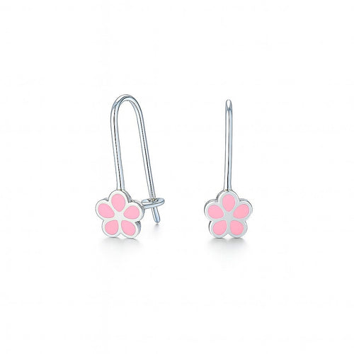 עגילי פרח תלויים לילדות מזהב בעיצוב ורוד