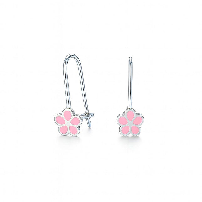 עגילי פרח תלויים לילדות מזהב בעיצוב ורוד