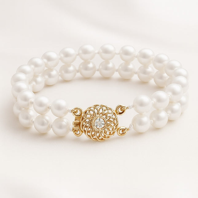 צמיד פנינים שתי שורות עם סוגר זהב יוקרתי קוטר כל פנינה 7.5 ממ