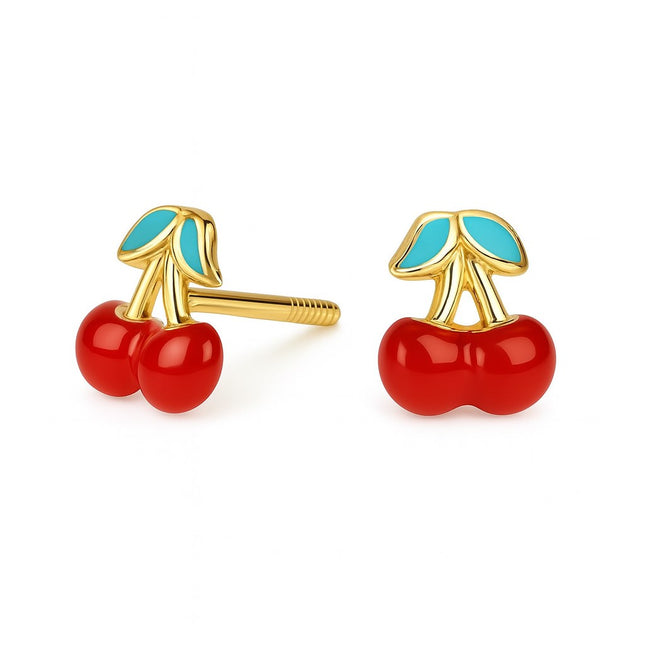 עגילי דובדבנים לילדות מזהב בעיצוב צבעוני