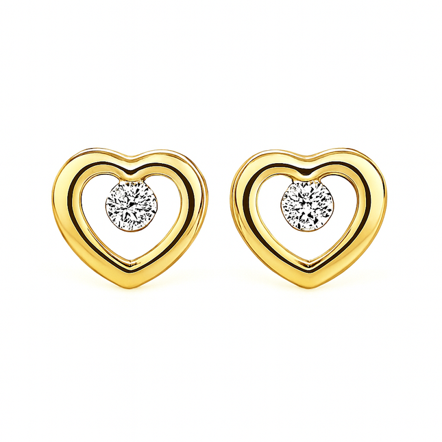 עגילי לב זהב עדינים עם יהלום מעבדה במראה אלגנטי על האוזן