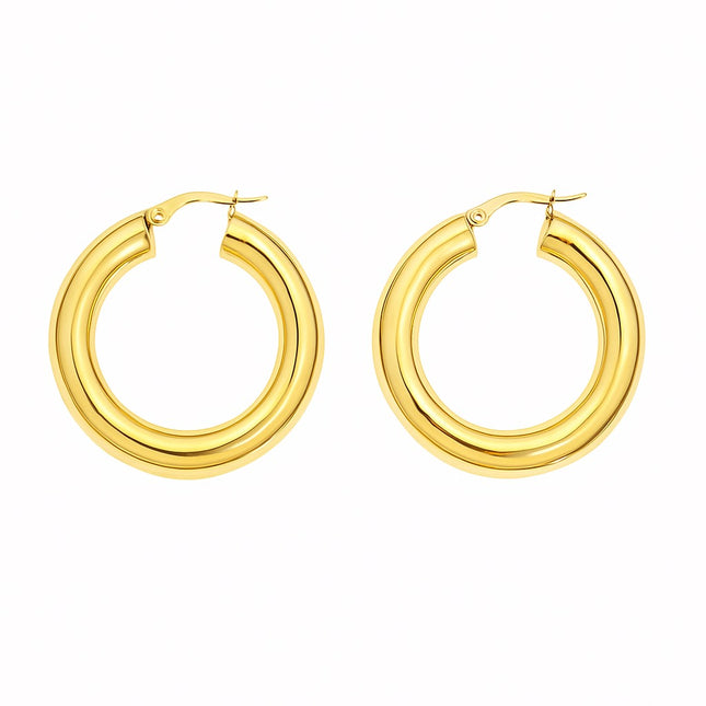 עגילי חישוק קוטר 3.1 ס"מ מזהב עבים ומבריקים בעיצוב יוקרתי ליצירת מראה מודגש ועדין