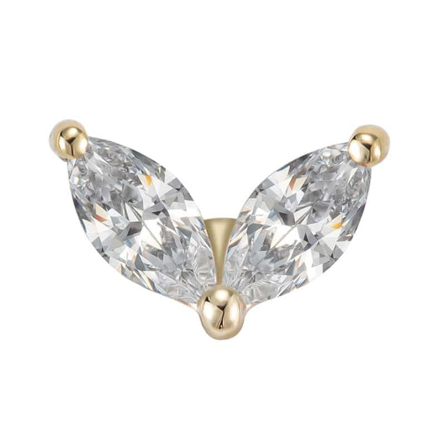 עגיל זהב עם שני יהלומים בליטוש מרקיז עיצוב עדין וזוהר לפירסינג