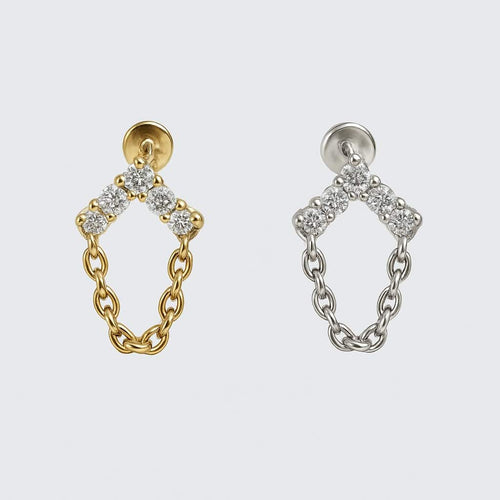 פירסינג (בודד) מזהב בצורת V עם יהלומי מעבדה ושרשרת