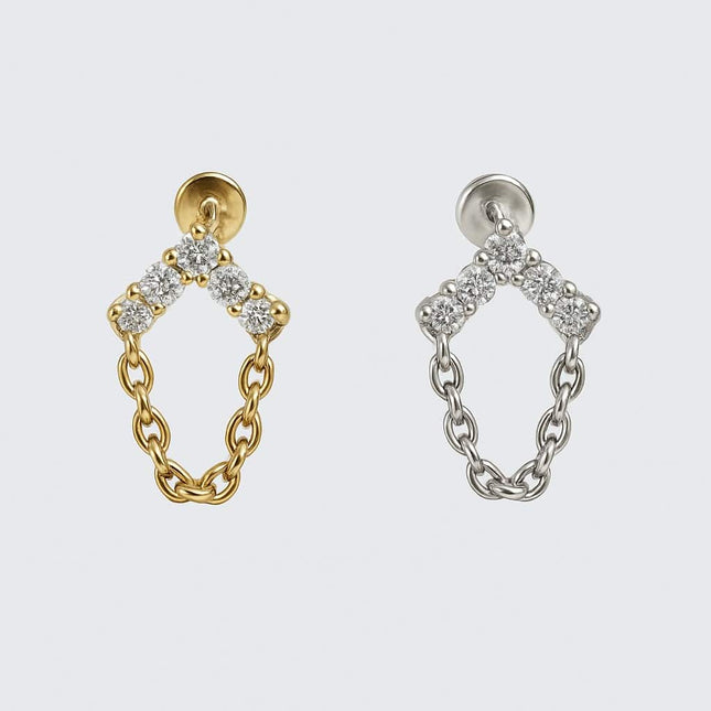 פירסינג (בודד) מזהב בצורת V עם יהלומי מעבדה ושרשרת