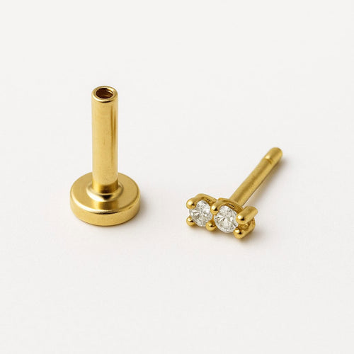 עגיל כפול (בודד) מזהב צהוב עם שני יהלומי מעבדה