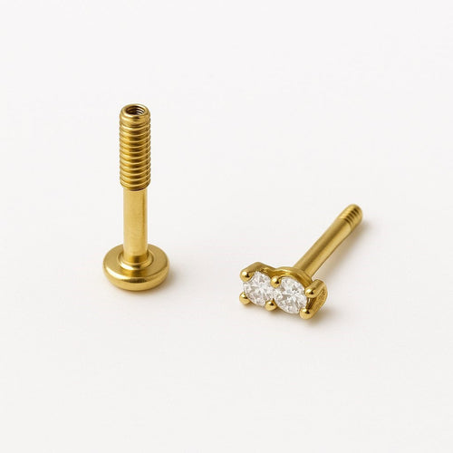 עגיל כפול (בודד) מזהב צהוב עם שני יהלומי מעבדה