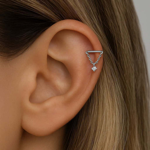 עגיל פירסינג  (בודד) תלוי עם שרשרת ויהלום לבן