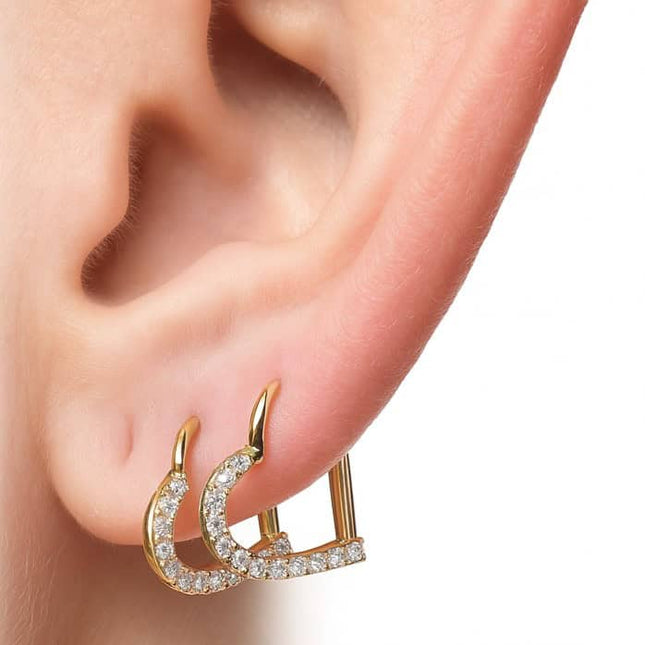 חישוק (בודד) לב מזהב עם שיבוץ יהלומים עגיל יוקרתי לאוזן