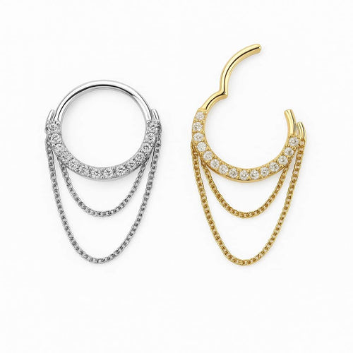 עגיל חישוק (בודד) מזהב עם יהלומי מעבדה ושרשראות כפולות