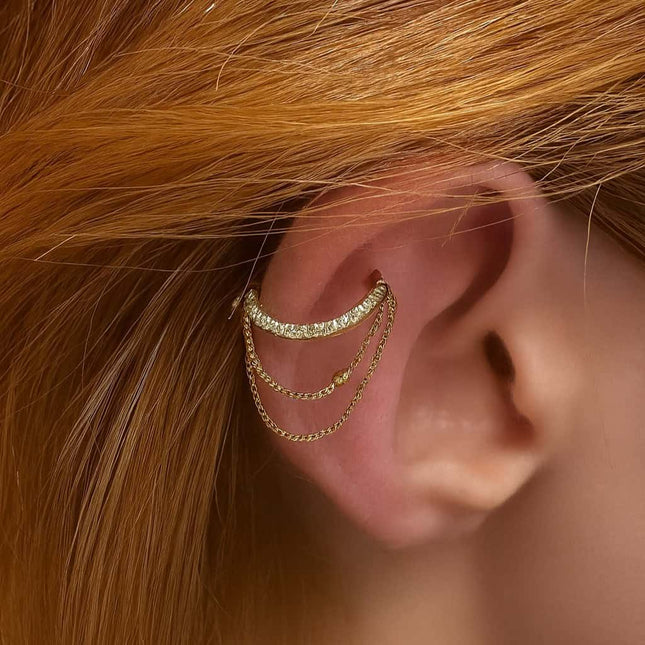 עגיל חישוק (בודד) מזהב עם יהלומי מעבדה ושרשראות כפולות