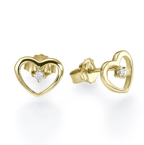 עגילי לב צמודים מזהב עם יהלום טבעי באמצע