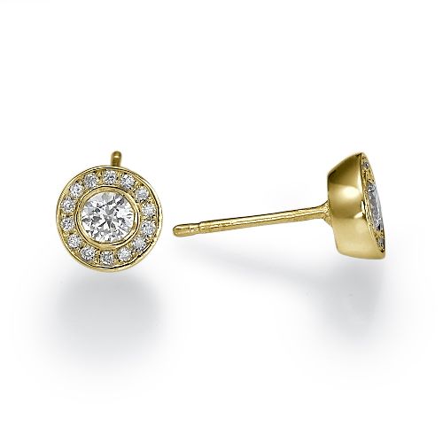 עגילי זהב צהוב היילו משובצי יהלומים טבעיים בעיצוב עגול קלאסי לאוזן