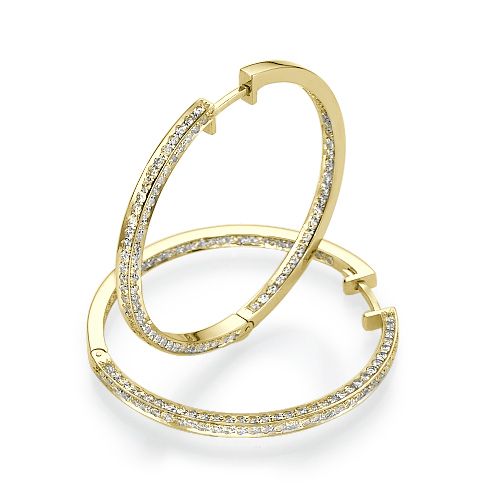 עגילי חישוק גדולים זהב צהוב משובצי יהלומים טבעיים בעיצוב יוקרתי