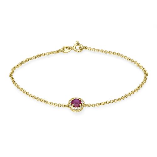 צמיד זהב עדין משובץ רובי טבעית במרכז ו-0.20 קראט של יהלומים מסביבה