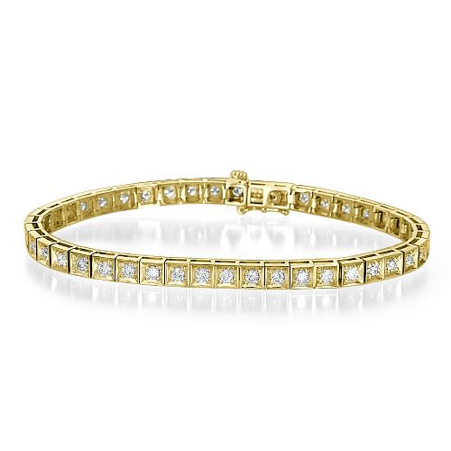 צמיד טניס מרובע מזהב צהוב עם יהלומים טבעיים בחוליות מסודרות לאורך