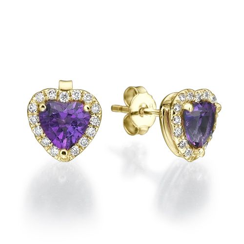 עגילי זהב לבן עם אבן אמטיסט סגולה בצורת לב והילה של יהלומים טבעיים