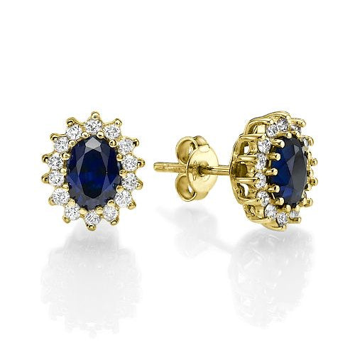 עגילי דיאנה זהב לבן צמודים עם ספירים טבעיות בחיתוך אובלי ויהלומים