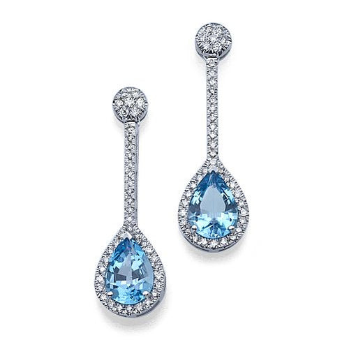 עגילי זהב לבן עם בלו טופז בצורת טיפה ושיבוץ יהלומים טבעיים מסביב