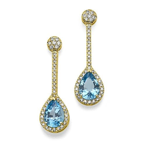 עגילי זהב לבן עם בלו טופז בצורת טיפה ושיבוץ יהלומים טבעיים מסביב