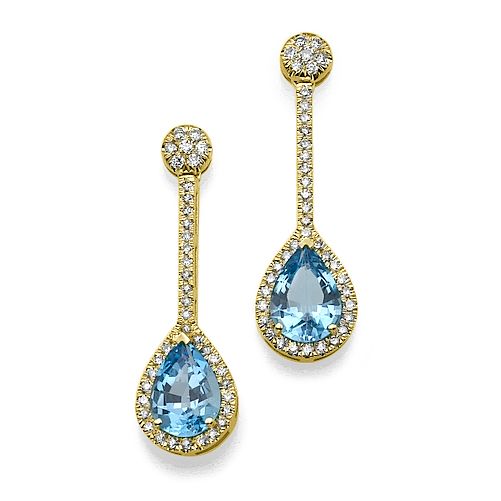 עגילי זהב לבן עם בלו טופז בצורת טיפה ושיבוץ יהלומים טבעיים מסביב