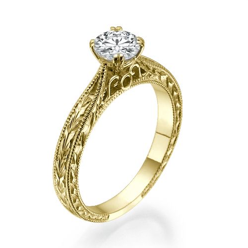 טבעת אירוסין וינטאג' 0.42 עשוייה עבודת יד קראט זהב צהוב