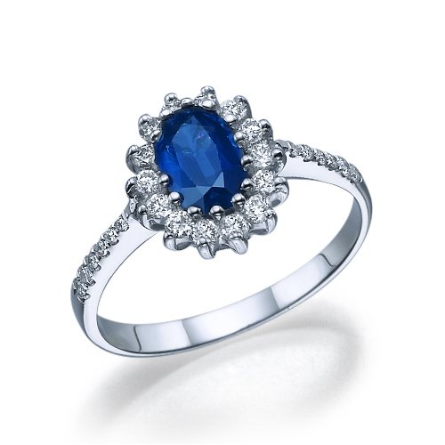 טבעת דיאנה מזהב לבן עם ספיר אובלית טבעית ויהלומים לאורך הזרוע