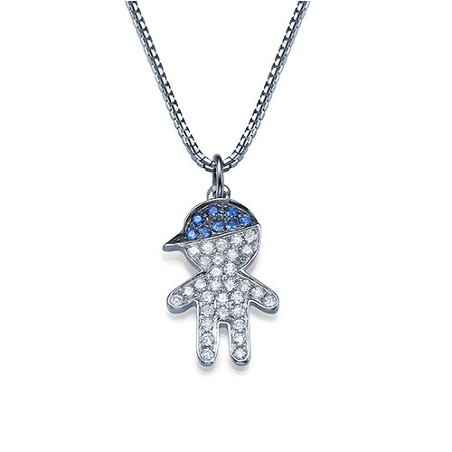 שרשרת ילד מזהב משובצת ספירים כחולים ויהלומים טבעיים בעיצוב עם כובע כחול