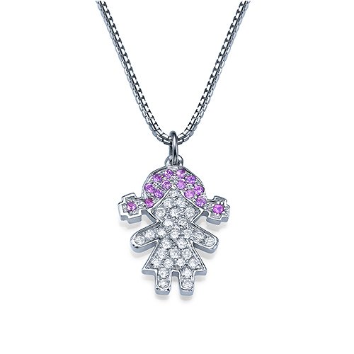 תליון ילדה מזהב משובץ יהלומים וספירים ורודות בעיצוב מתוק מלא משמעות