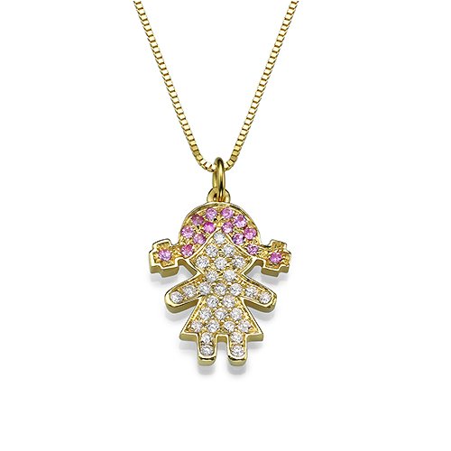 תליון ילדה מזהב משובץ יהלומים וספירים ורודות בעיצוב מתוק מלא משמעות