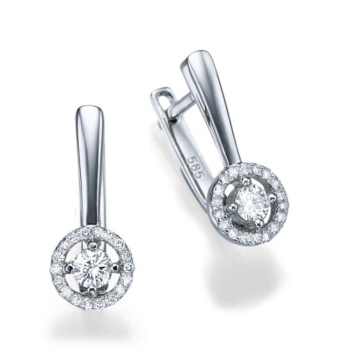 עגילי יהלומים תלויים זהב לבן עם היילו עגול