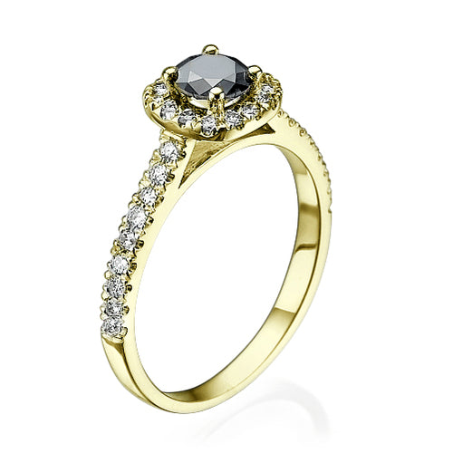 טבעת זהב צהוב המשובצת יהלומים שחורים ולבנים במשקל