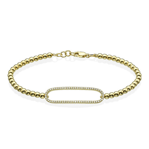 צמיד זהב עם חוליות כדור ואלמנט מלבני משובץ יהלומים טבעיים לכל אורכו