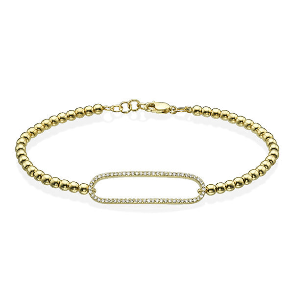 צמיד זהב עם חוליות כדור ואלמנט מלבני משובץ יהלומים טבעיים לכל אורכו