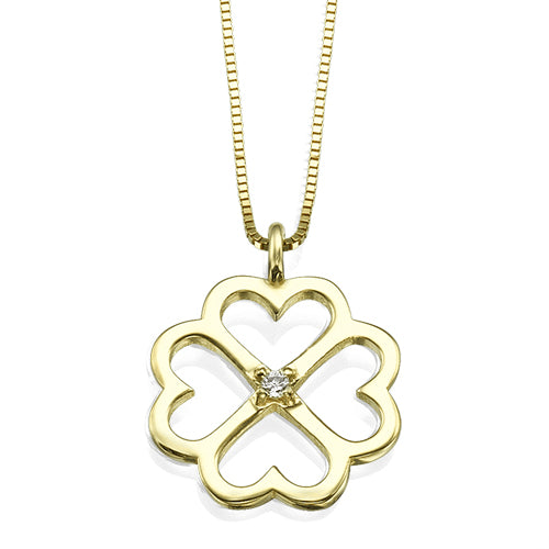 שרשרת פרח לבבות מזהב המשובצת יהלום טבעי במרכז