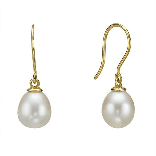 עגילי פנינים תלויים 9 מ"מ זהב צהוב/לבן