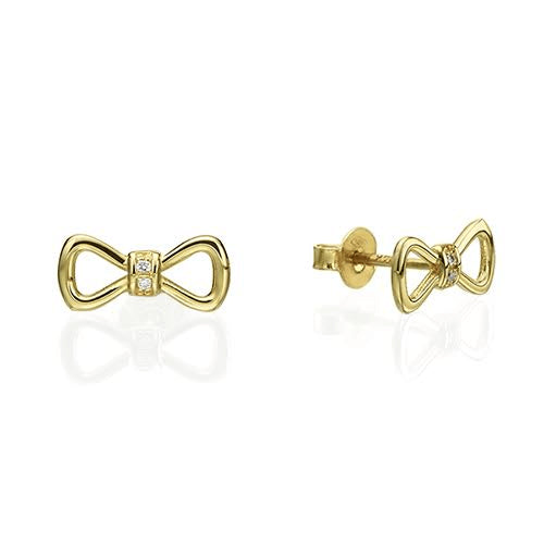 עגילי פפיון צמודים מזהב עם יהלומים טבעיים