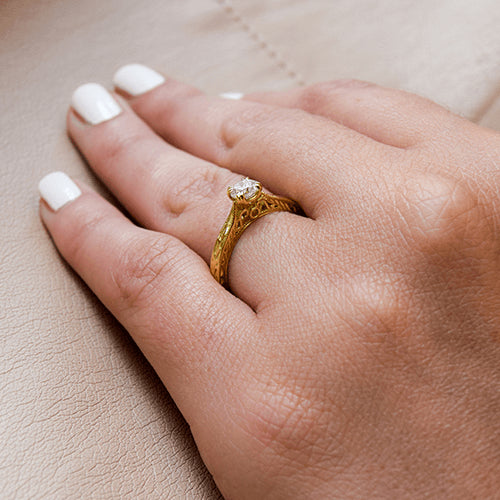 טבעת אירוסין וינטאג' 0.42 עשוייה עבודת יד קראט זהב צהוב