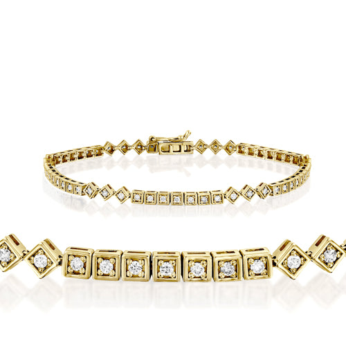 צמיד טניס מעוצב מזהב עם חוליות מרובעות משובצות יהלומים טבעיים