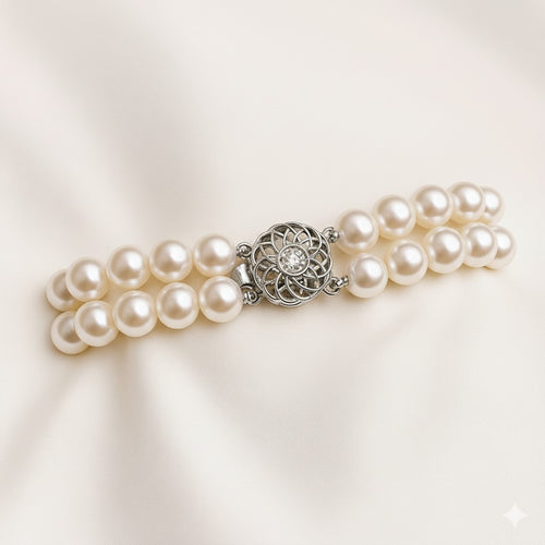 צמיד פנינים שתי שורות עם סוגר זהב יוקרתי קוטר כל פנינה 7.5 ממ