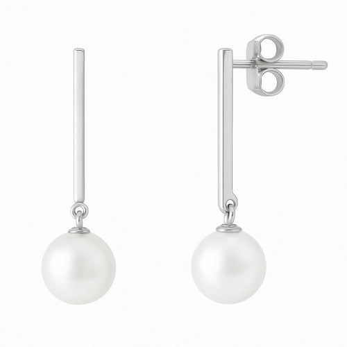 עגילי פנינה תלויים בעיצוב מודרני וזהב לבן למראה אלגנטי