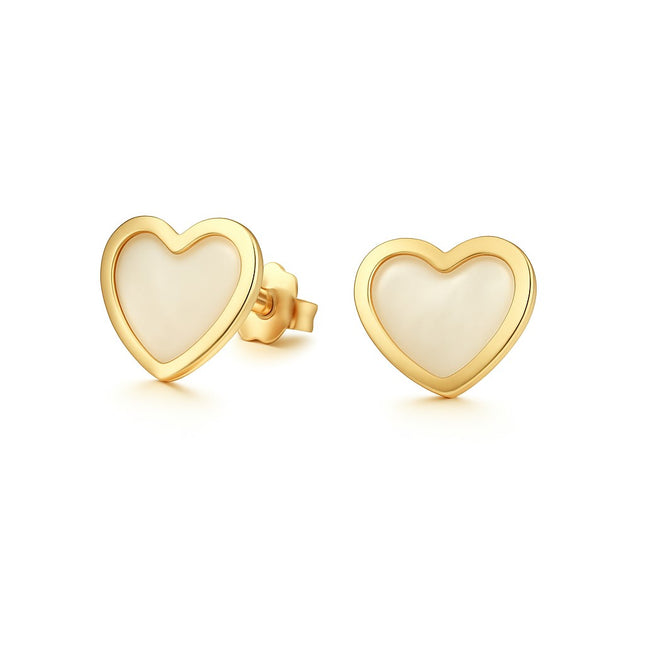 עגילי לב לילדות מזהב עם אמייל פנינה